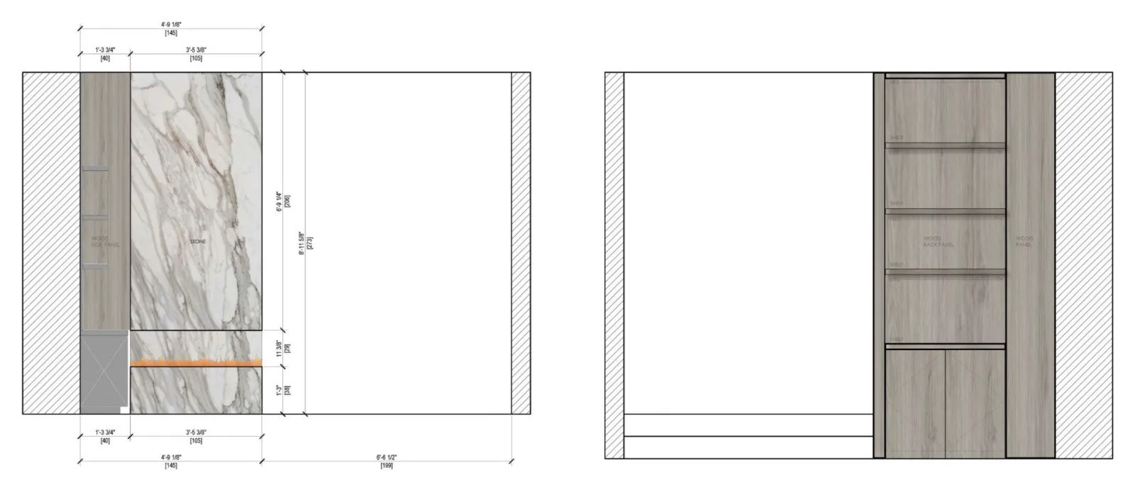Annotated floor plan and cabinetry elevations from the Hemmerle Residence first-floor renovation by DALOP Design